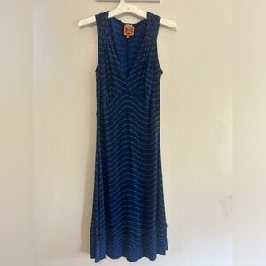 Tory Burch Sleeveless Blue Striped Silk Dress Size XS  Stretchy V Neck Logo